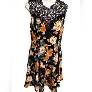 Agaci Floral Flower Flare Sleeveless Crochet Skater Dress L